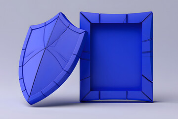 A blue shield leaning against a rectangular frame on a light gray surface in a studio setting