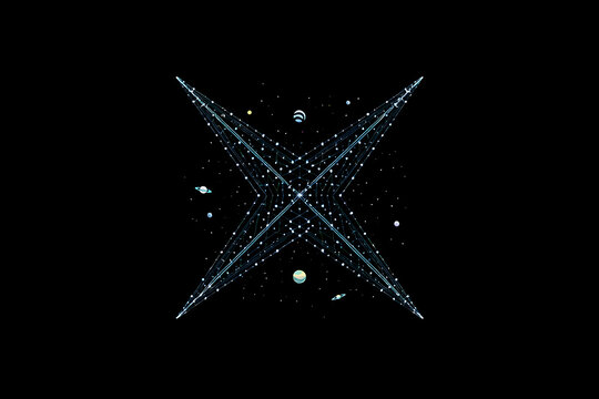 A celestial x shape made of lights surrounded by planets and stars on a black background night sky