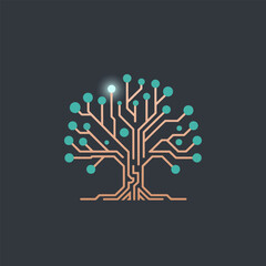 Digital circuit tree logo, technology growth concept, neural network branches, eco tech identity, innovation branding mark, vector illustration