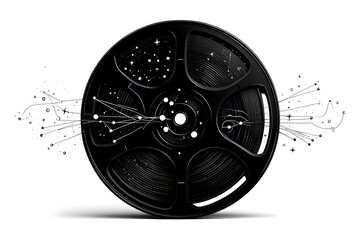 A black film reel with abstract star designs and connecting lines on a white background design art