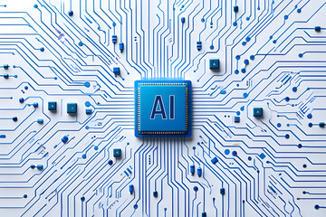 A blue ai chip on a white circuit board with thin blue lines and small blue components scattered around
