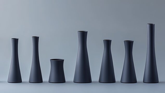 Seven dark vases with varying heights on a grey background