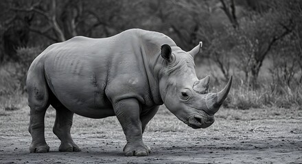 Naklejka premium Majestic rhinoceros portrait in monochrome wildlife animal in natural habitat