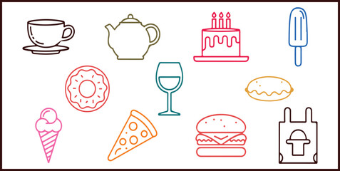Line Art Food Icons - Menu Design, Minimalist Design, Clean Vector Outline, Thin Stroke, Modern Design.