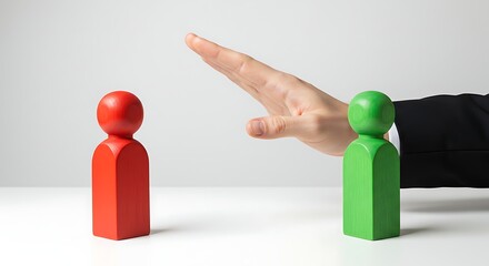 Hand gestures separating red and green figures on a white surface