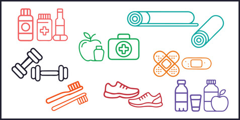 Modern Fitness and Wellness Line Icons for Health Apps, Gym Branding, and Lifestyle Design, Minimalist Design, Clean Vector Outline, Thin Stroke, Modern Design.