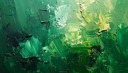Abstract painting, textured greens and yellows