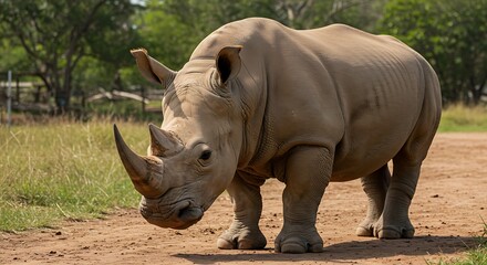 Obraz premium Majestic rhinoceros stands on dusty ground in natural environment