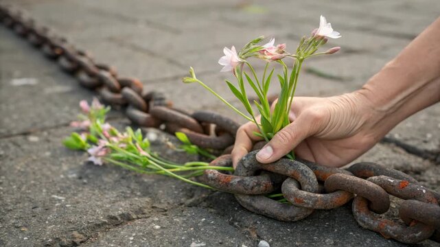 Freedom scene with silhouette breaking chains concept. A hand places flowers into a rusted chain on the ground, symbolizing hope and resilience.