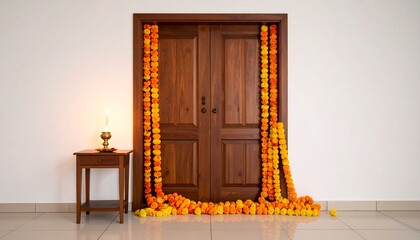 Indian Home Entrance Wooden Door with Marigold Garlands and Table Lamp