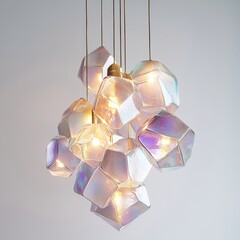 Iridescent pendant lights forming a geometric cluster