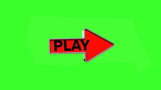A bold red glossy 3D arrow displaying white PLAY text pulses and rotates in a seamless loop against a green screen background. Great for urgent play prompts, video thumbnails, YouTube CTAs, and attent