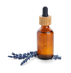 Bottle of lavender essential oil isolated on white background, closeup