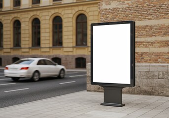 Blank Urban Billboard Mockup on a Paved Sidewalk with a Car in Motion Blur