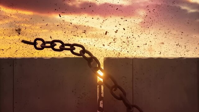 Freedom scene with silhouette breaking chains concept. A sunrise illuminates the gap between two concrete blocks, symbolizing liberation.