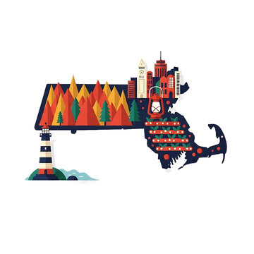 A flat vector illustration of the Massachusetts state map silhouette, featuring iconic New England travel symbols like a lighthouse, autumn forest, and city skyline