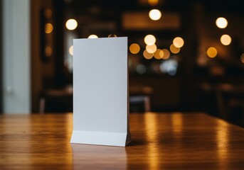 Blank Table Tent Mockup on a Wooden Cafe Table with Warm, Glowing Bokeh Lights