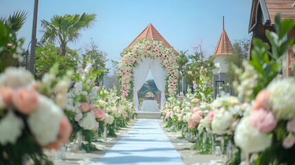 Obraz premium Enchanting wedding aisle lined with lush floral arrangements leading to a romantic gazebo under a bright blue sky, perfect for fairytale weddings