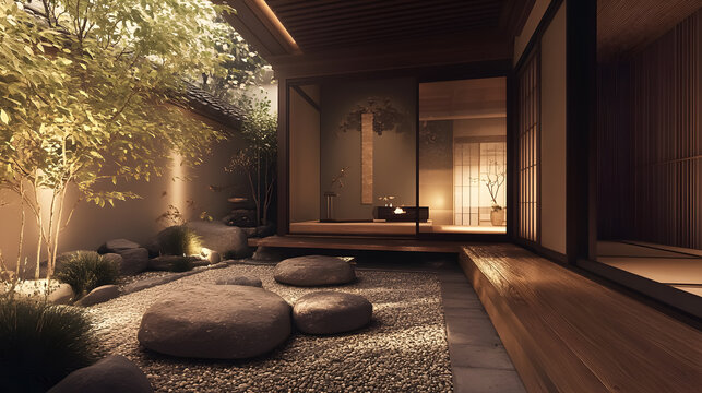 Experience serene luxury with this tranquil Japanese zen garden and modern interior design, perfect for creating a peaceful and inviting atmosphere