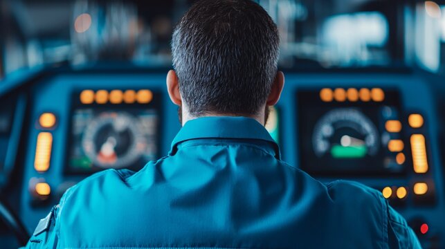 Medium shot of captain operating hydrogen-powered navigation system onboard IMO Push Green Shipping vessel.