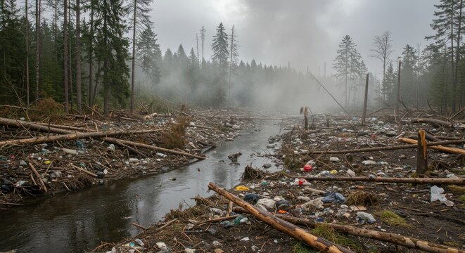 Polluted Forest Stream with Debris and Fallen Trees