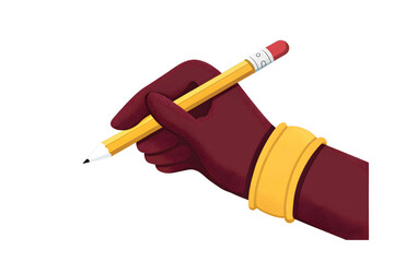 Hand holding a yellow pencil writing or drawing isolated on transparent background