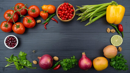 Fresh Fruits and Vegetables on Dark Wooden Background