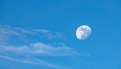 Clear daytime shot captures a waxing gibbous moon amidst a vivid, cloud-strewn sky. Soft, light clouds add texture