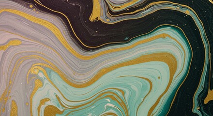Luxurious teal, mint and charcoal fluid marble with shimmering gold veins and organic swirls. Elegant geode-style acrylic pour background for premium branding and modern decor