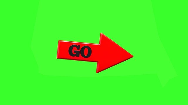 A vibrant red glossy 3D arrow featuring bold black GO text continuously spins in a looping animation on a green screen background. Ideal for start buttons, motivational graphics, racing promos, and ur