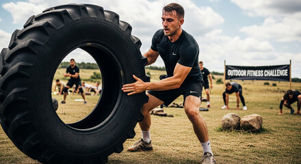 Strong man flipping huge tire during intense outdoor fitness challenge, pushing limits and achieving goals, perfect for athletic motivation and fitness ads