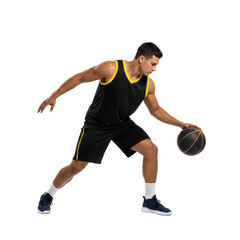 Dynamic basketball player dribbling with focused determination, a sporty silhouette against clear