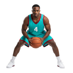 Focused basketball player poised to dribble, isolated on a seamless transparent field of vision