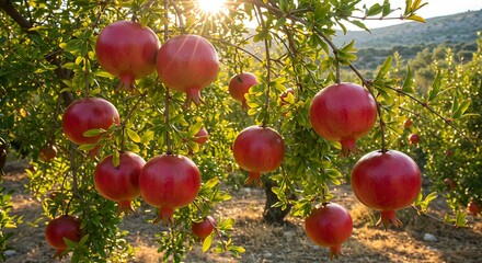 Vibrant red pomegranates hanging on tree branches with sunlight in the background