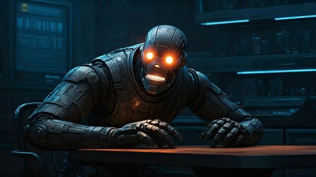 science fiction sinister robot with glowing orange eyes at table