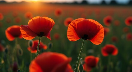 Vibrant red poppies blooming in a field under a golden sunset sky
