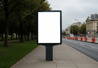 Blank Vertical Billboard Mockup on a City Sidewalk next to a Tree-Lined Park and Road.