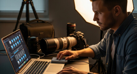 Professional photographer editing images on laptop in studio, showcasing modern workflow and creative passion for digital media production
