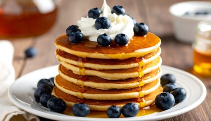 Stack of pancakes with blueberries and whipped cream