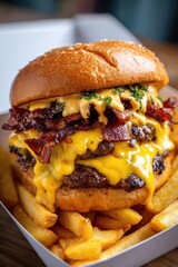 チーズとソースがたっぷりかかったハンバーガー