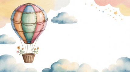 Fototapeta premium Watercolor hot air balloon with flower basket floats among pastel clouds and stars