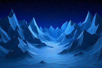 Low poly mountain range under a starry night sky with a blue color scheme and sharp peaks