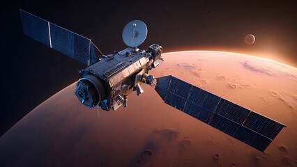 Space Probe Orbiting Mars with Solar Panels in Deep Space | Realistic 3D Render