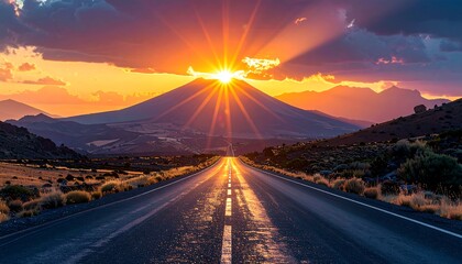 A scenic, straight road leads towards a mountain at sunset with radiating sunlight