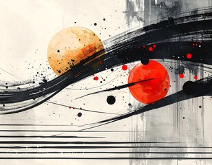 Abstract painting with flowing lines and colored spheres