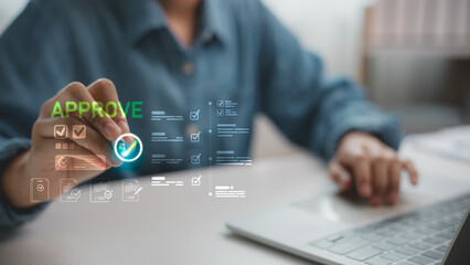 Hand selecting digital approval check mark with checklist and document icons on screen. Concept for...