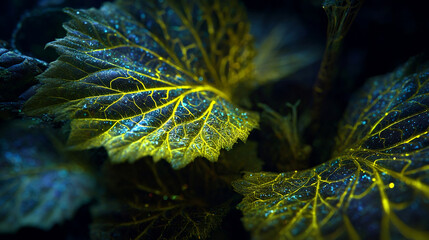 Obraz premium Bioluminescent Leaf Veins Glow In Dark, Moss On Leaf, Neon Nature Photo For Creative Stock