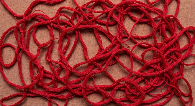 Tangled red yarn abstract pattern on a tan surface texture backdrop