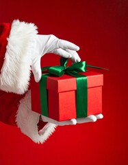 Woman smiling and holding a red Christmas gift box with a ribbon and bow during the holiday celebration