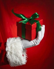 Woman smiling and holding a red Christmas gift box with a ribbon and bow during the holiday celebration